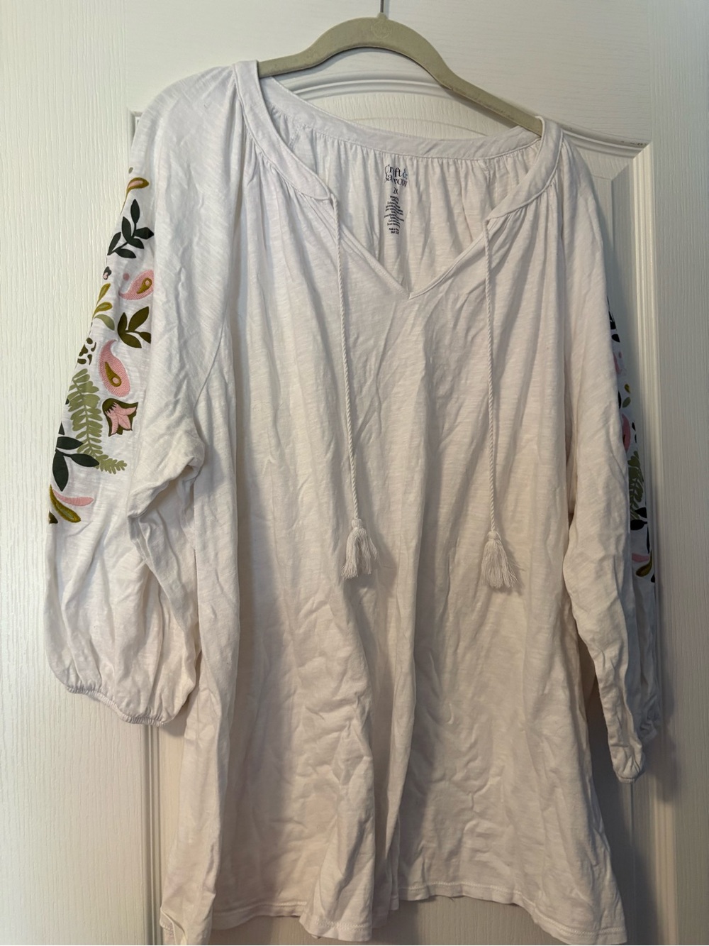 White Boho Peasant Tunic with Embroidered Sleeves
